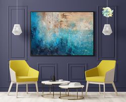 gold and blue handmade abstract original painting on canvas, trendy canvas art, extra large painting, home decore, wall
