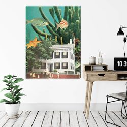 underwater house canvas, wall art canvas, large canvas art, collage art,