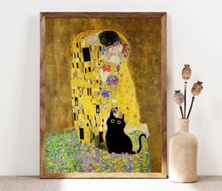 black cat print, gustav klimt the kiss cat poster, cat art, klimt cat print, funny cat print, funny gift idea, home deco