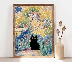 black cat print, henri cross garden cat poster, black cat art, floral print, funny cat print, funny gift idea, home deco