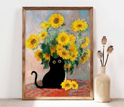 claude monet sunflowers cat print, monet cat poster, black cat art, floral print, funny cat print, funny gift, home deco