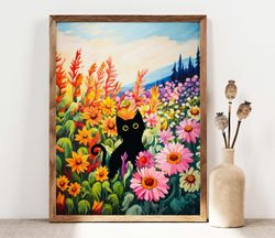 black cat print, sunflowers cat poster, cat art, floral print, funny cat print, fowers poster, flower garden black kitte