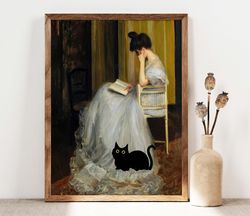 black cat art, the reader cat print, reading woman with black cat poster, funny cat print, funny cat gift idea, back cat