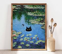 black cat poster, monet waterlily cat print, claude monet cat poster, cat art, funny cat print, funny gift idea, home de