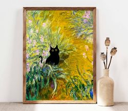 black cat print, funny cat poster, cat art, claude monet irises cat wall art, flowers funny cat print, funny gift, cat a