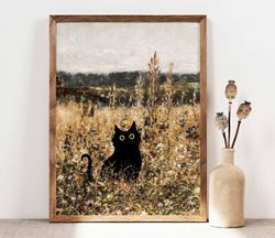 black cat print, funny cat poster, cat art, wildflower field cat wall art, botanical funny cat print, funny gift, cat in