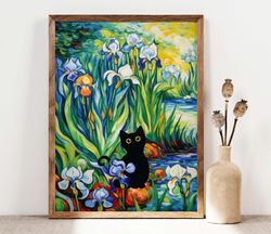 black cat print, irises cat poster, cat art, floral print, funny cat print gift, fowers poster, flower garden black kitt