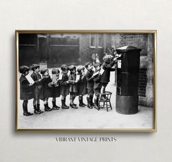 vintage christmas art, black and white art, letters to santa, old photo, children at mailbox