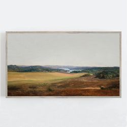 samsung frame tv art, vintage wall art, landscape painting, neutral muted colors, farmhouse decor, rolling hills, downlo