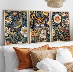 william morris inspired poster, botanical morris print, birds and flowers art print, vintage art, owl poster, gift idea,