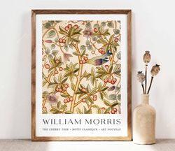 william morris print, morris poster, cherry tree print, garden flowers art, botanical print, floral art, birds wall art