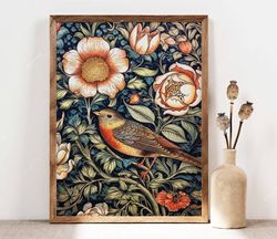 william morris inspired poster, bird and flowers print, morris art, art nouveau floral print, botanical vintage art nouv