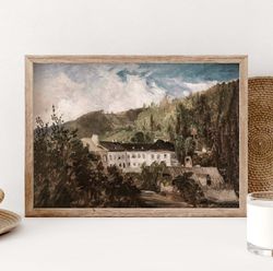 vintage european villa landscape poster, landscape print, french county painting, trees and mountains country field wall