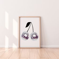 disco ball print, cherry disco poster, preppy wall art, trendy wall art, girly wall art, dorm room decor, funky wall art