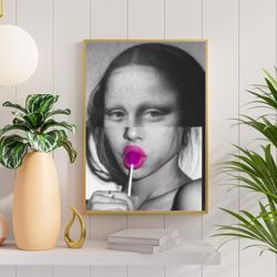 mona lisa lollipop poster, maximalist wall art, trendy wall art, funky wall art, preppy wall art, edgy wall art, trendy