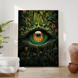 surreal poster - giant eye art in emerald green, maximalist wall decor for modern and bohemian spaces