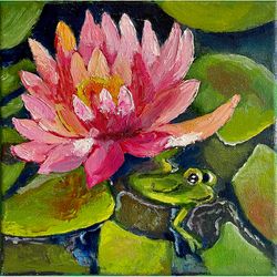 lotus painting  original oil painting on canvas water lily and frog wall art