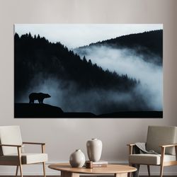 canvas decor, wall art canvas, canvas home decor, landscape 3d canvas, misty mountains poster, bear silhouette printed,