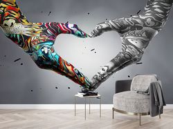 bright wall paper, gift for house, hand love wall mural, peel and stick wallpaper, graffiti wall poster, love hand graff