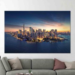 cityscape wall art, sunset wall decor, new york skyline art, view wall decor, gift for him, 3d glass art, framed canvas,