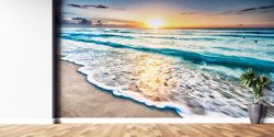 coastal wallpaper, 3d wall paper, wall mural, seascape wall poster, view wall art, personalized wallpaper, sunset at the