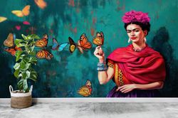 decals for walls, abstract mural, paper wall art, wall poster, famous wallpaper, frida with butterflies wall mural, frid