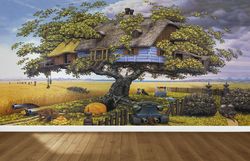 farmhouse wallpaper, wall decor, fantasy tree wallpaper, surreal wallpaper, paper crafts, wall covering, wallpaper paten