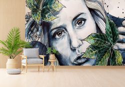 floral woman wallpaper, green wallpaper, woman face wall art, wall painting, modern wall paper, woman wall print, wallpa