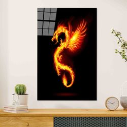 fire dragon painted glass, art, animal canvas poster, dragon glass panel, kitchen decor, canvas decor, tempered glass wa