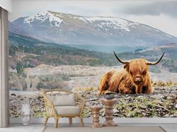 cute cow wallpaper, animal wall print, trendy wall print, farmhouse wallpaper, highland cow wallpaper, self adhesive pap