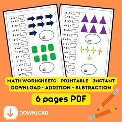 math worksheets - printable - instant download - addition - subtraction