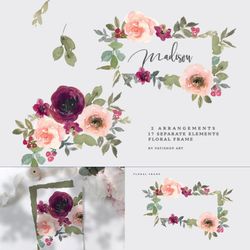watercolor blush flowers clipart set