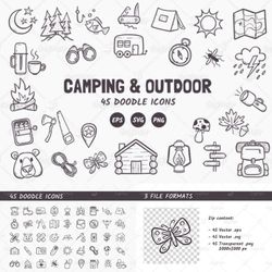 45 camping and outdoor doodle icons