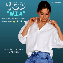 mia top pdf digital sewing pattern, sizes m,l,xl, easy sewing pattern for beginners, pdf download sewing pattern