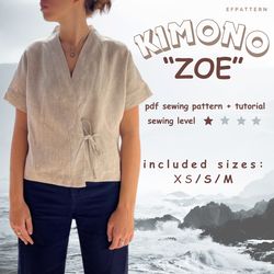 boxy top sewing pattern, kimono top with tie closure, instant pdf download, sizes xs, s and m.