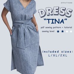 tina wrap dress with side slits - sewing pattern instant pdf download - sizes l, xl and xxl, digital pattern