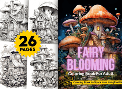 blooming fairy homes coloring book, adults kids instant download -grayscale coloring book -printable pdf, flower, fairy