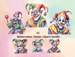 watercolour jester clipart bundle, medieval clipart, clown png, fantasy clipart, junk journal, scrap book,