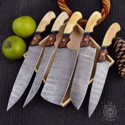 ustom handmade damascus steel chef knives 5 pc set, bbq knife bundle, kitchen cutlery gift set, housewarming gift, kitch
