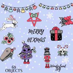 merry hexmas, gothmas, creepmas, pastel goth christmas clipart bundle, cute creepy spooky xmas, sublimation design