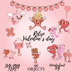 retro valentine's day clipart bundle, groovy fun romantic characters for sublimation, commercial use. png, eps, and svg