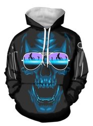 blue 3d skull hoodie 3d, personalized all over print hoodie 3d
