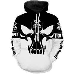 black and white fish reaper fish skull hoodie 3d, personalized all over print hoodie 3d