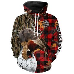 german shorthaired pointer hunting dog red plaid fall camo hoodie 3d, personalized all over print hoodie 3d y173