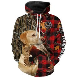 yellow labrador retriever hunting dog red plaid fall camo hoodie 3d, personalized all over print hoodie 3d y174