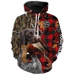 deutsch drahthaar pheasant hunting dog red plaid camo hoodie 3d, personalized all over print hoodie 3d y175