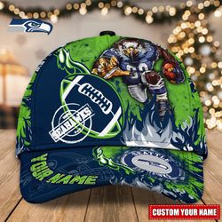 custom name nfl seattle seahawks caps, nfl seattle seahawks adjustable hat mascot & flame caps for fans l113