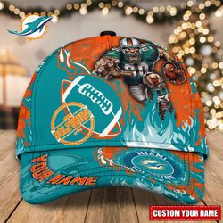 custom name nfl miami dolphins caps, nfl miami dolphins adjustable hat mascot & flame caps for fans l116