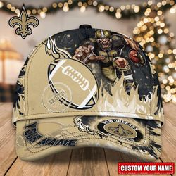 custom name nfl new orleans saints caps, nfl new orleans saints adjustable hat mascot & flame caps for fans l120