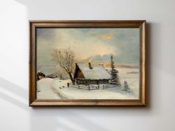 vintage neutral village landscape print, winter antique oil painting, rustic farmhouse wall decor